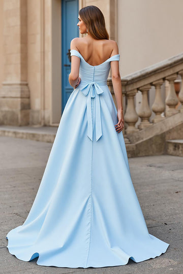 Off The Shoulder Sky Blue A Line Long Wedding Dress